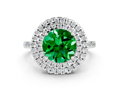 White gold Double Halo Round Cut Emerald Pavé Band with Four-Prong Setting