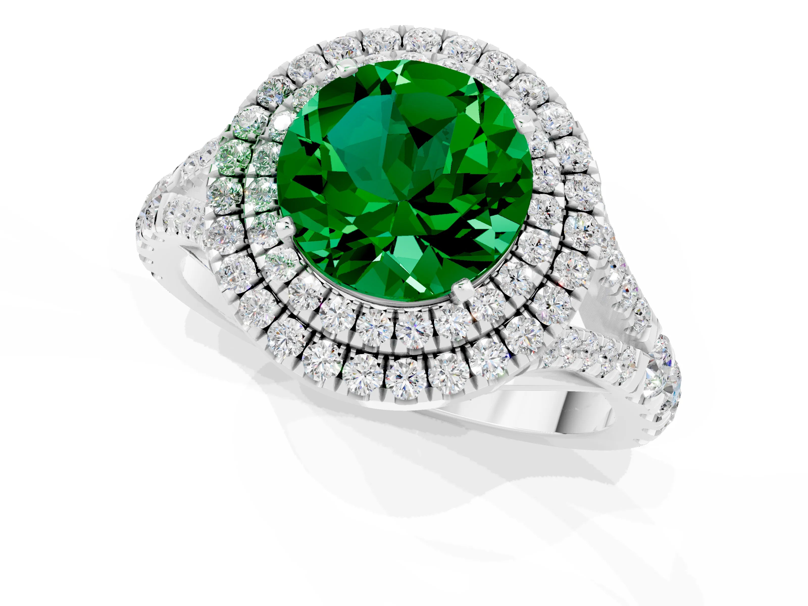 White gold Double Halo Round Cut Emerald Pavé Split Shank Ring with Prong Setting_1
