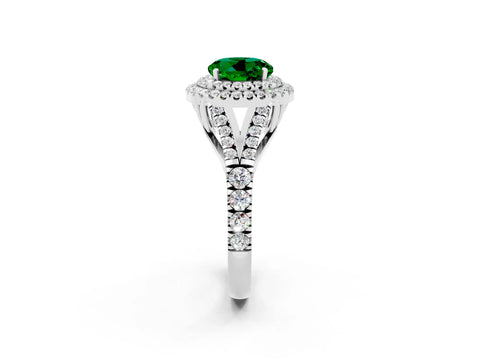 White gold Double Halo Round Cut Emerald Pavé Split Shank Ring with Prong Setting_2
