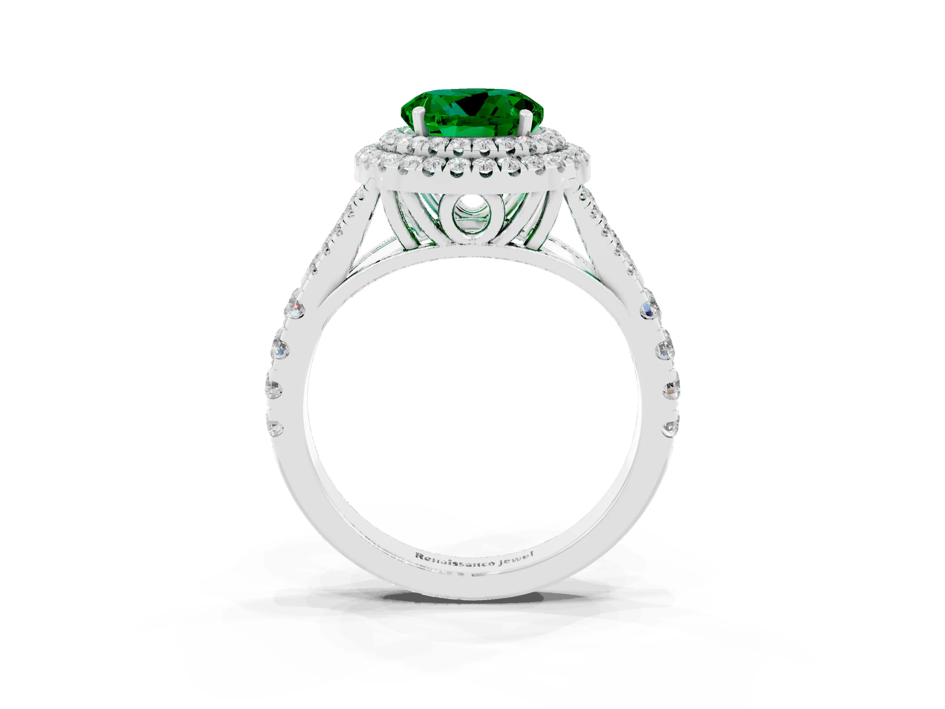 White gold Double Halo Round Cut Emerald Pavé Split Shank Ring with Prong Setting_3