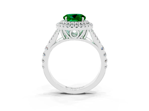 White gold Double Halo Round Cut Emerald Pavé Split Shank Ring with Prong Setting