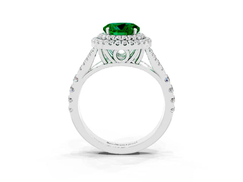 White gold Double Halo Round Cut Emerald Pavé Split Shank Ring with Prong Setting_3