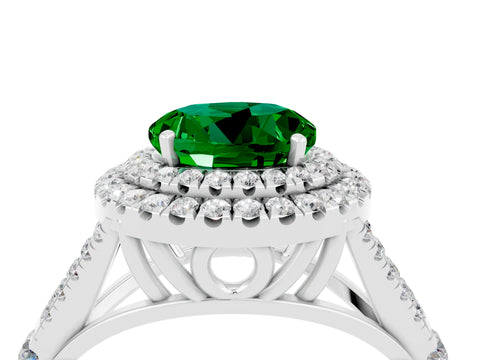 White gold Double Halo Round Cut Emerald Pavé Split Shank Ring with Prong Setting_4