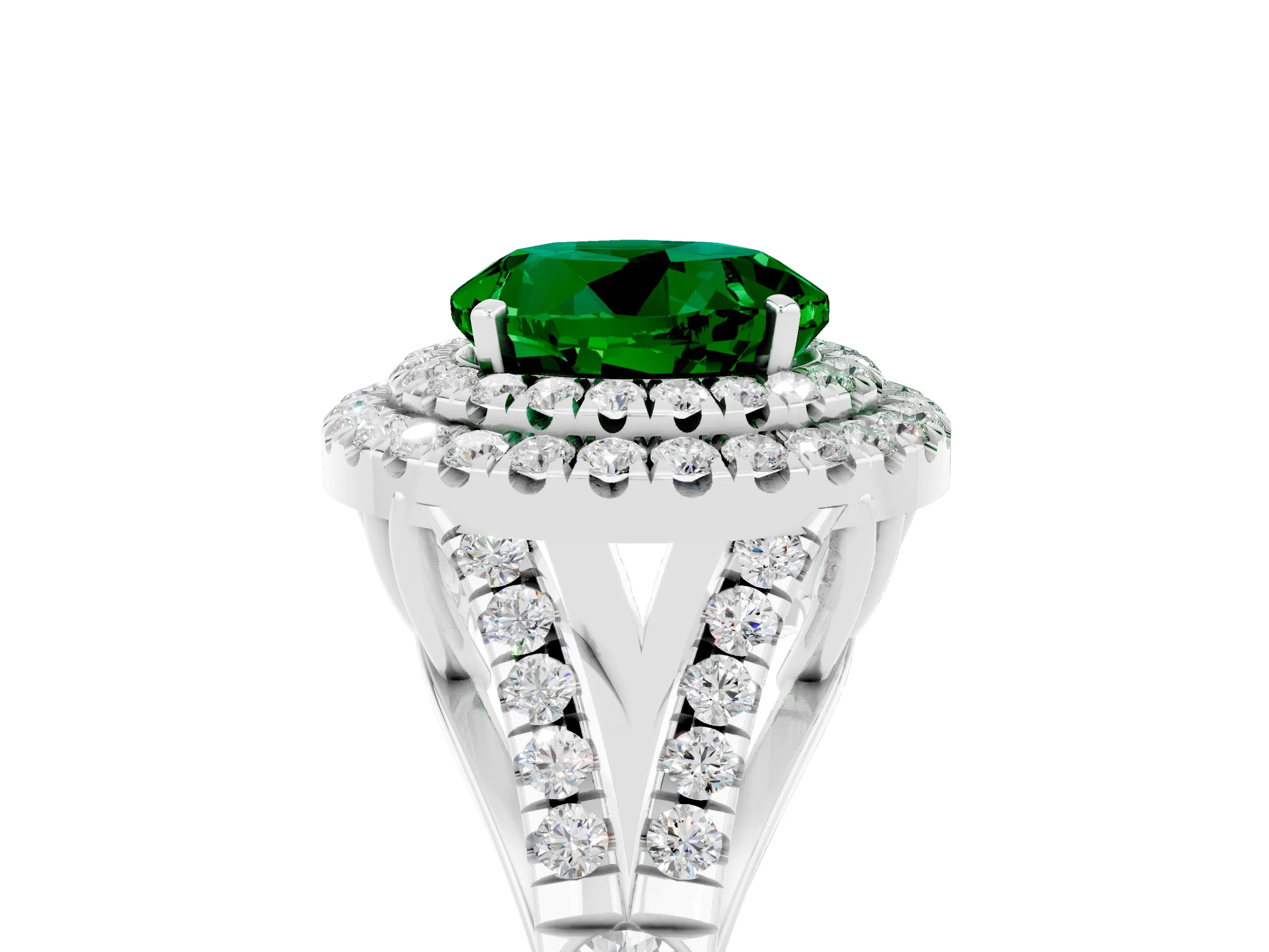 White gold Double Halo Round Cut Emerald Pavé Split Shank Ring with Prong Setting_5
