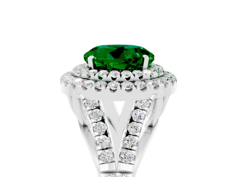 White gold Double Halo Round Cut Emerald Pavé Split Shank Ring with Prong Setting_5