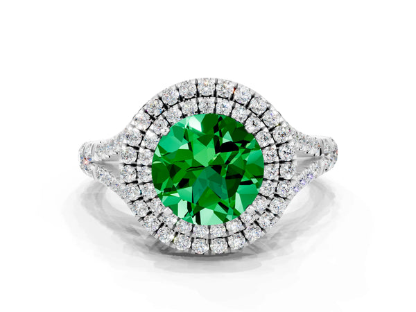 Silver Double Halo Round Cut Emerald Pavé Split Shank Ring with Prong Setting