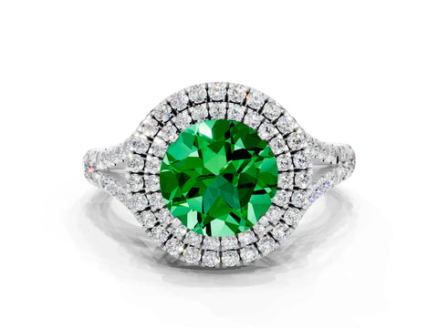 White gold Double Halo Round Cut Emerald Pavé Split Shank Ring with Prong Setting