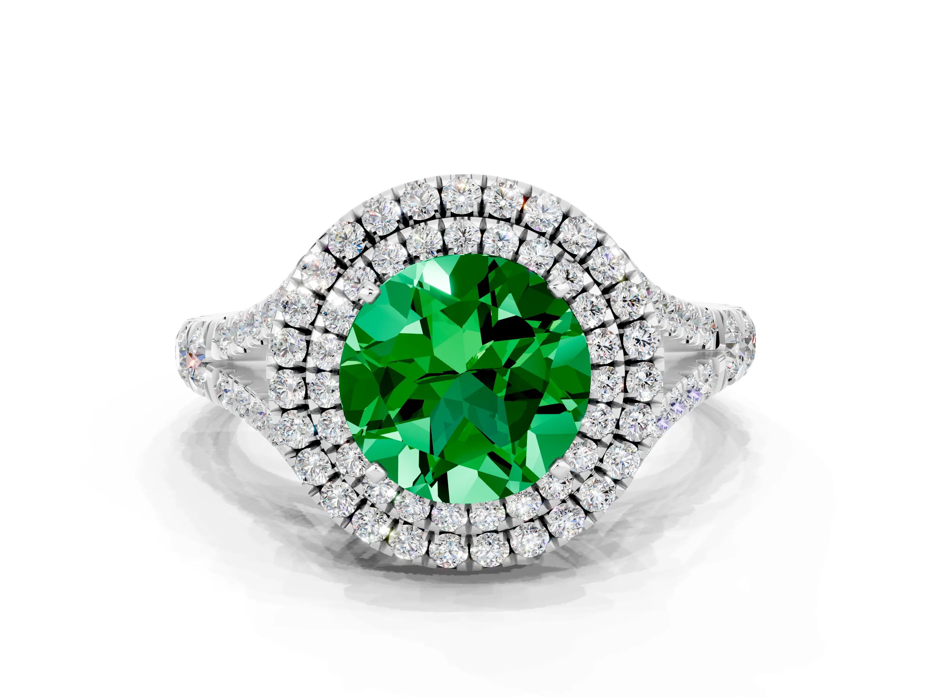 White gold Double Halo Round Cut Emerald Pavé Split Shank Ring with Prong Setting