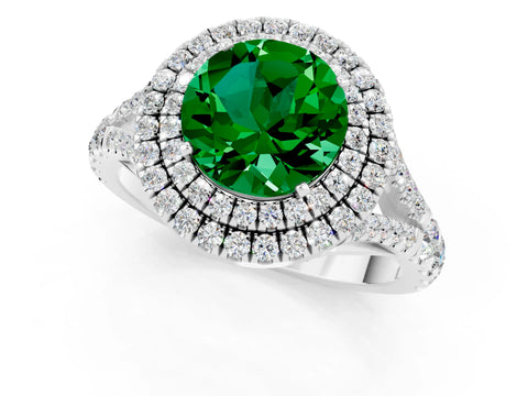 White gold Double Halo Round Cut Emerald Split Shank Engagement Ring with Four-Prong Setting_1