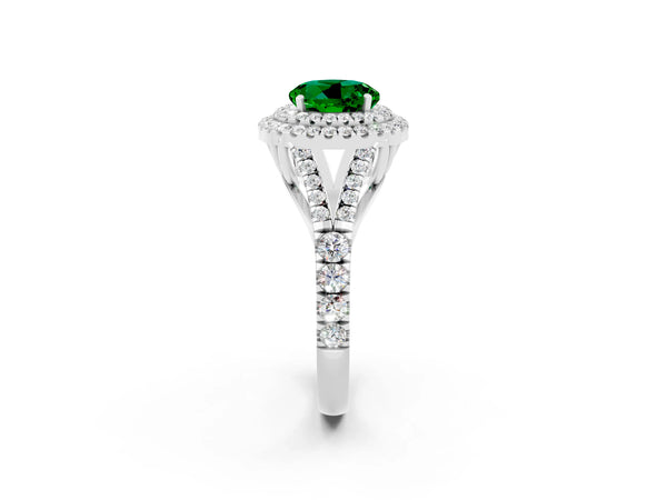 Silver Double Halo Round Cut Emerald Split Shank Engagement Ring with Four-Prong Setting
