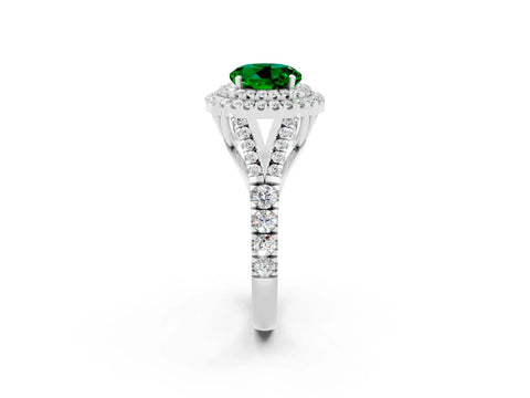 White gold Double Halo Round Cut Emerald Split Shank Engagement Ring with Four-Prong Setting_2