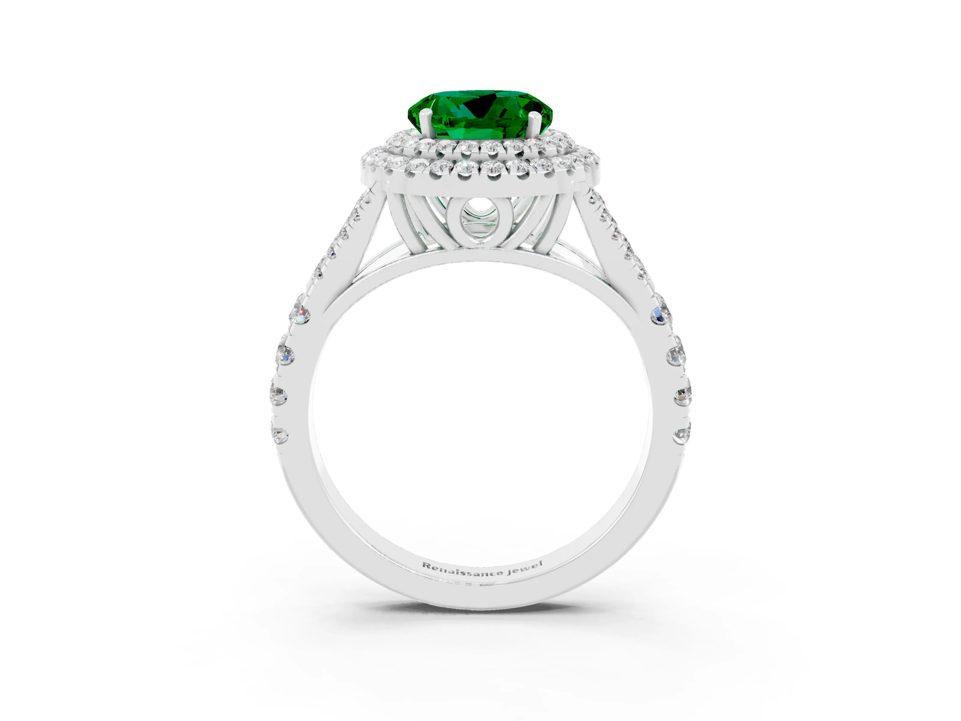 White gold Double Halo Round Cut Emerald Split Shank Engagement Ring with Four-Prong Setting_3