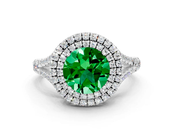 Silver Double Halo Round Cut Emerald Split Shank Engagement Ring with Four-Prong Setting