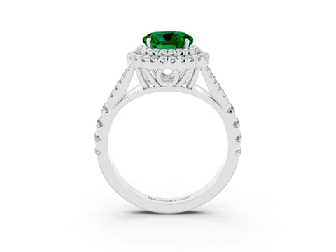 White gold Double Halo Round Cut Emerald Split Shank Engagement Ring with Four-Prong Setting_3