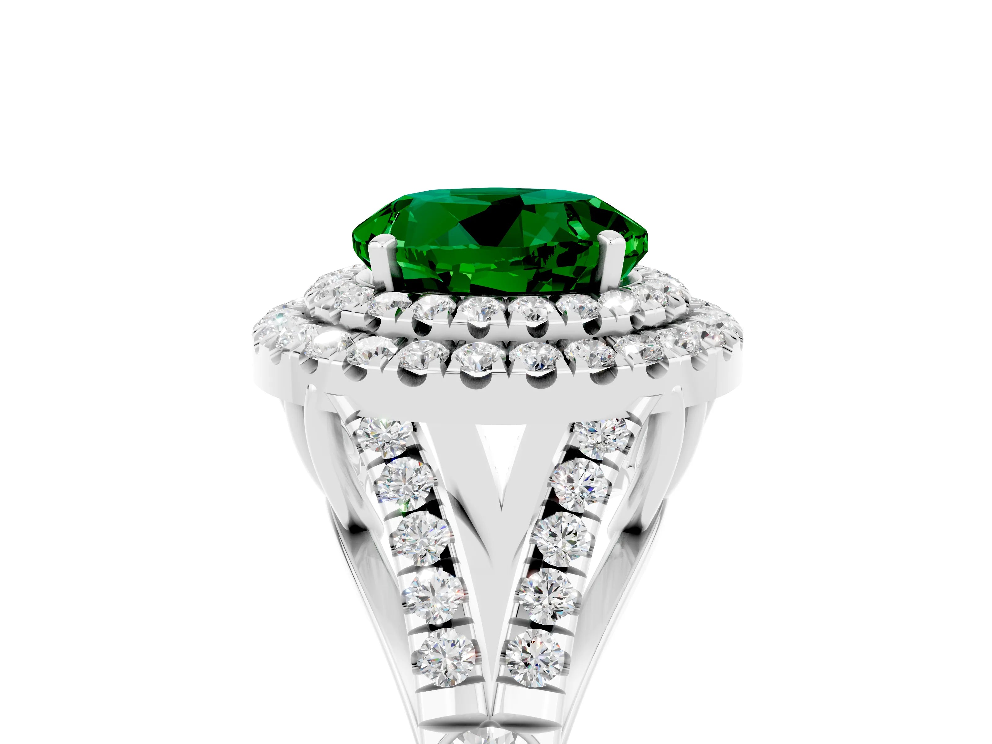 White gold Double Halo Round Cut Emerald Split Shank Engagement Ring with Four-Prong Setting_5