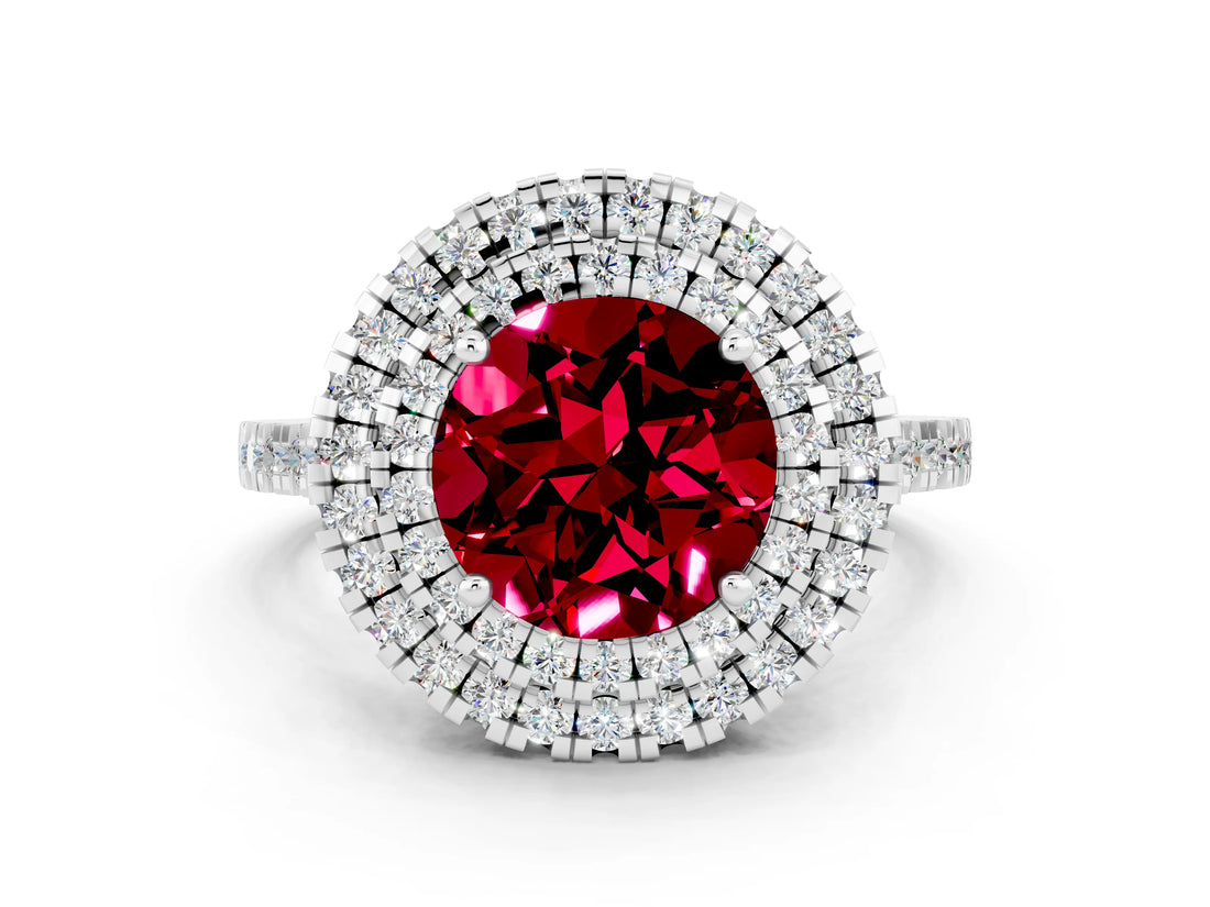 White gold Double Halo Round Cut Garnet Pavé Band with Four-Prong Setting