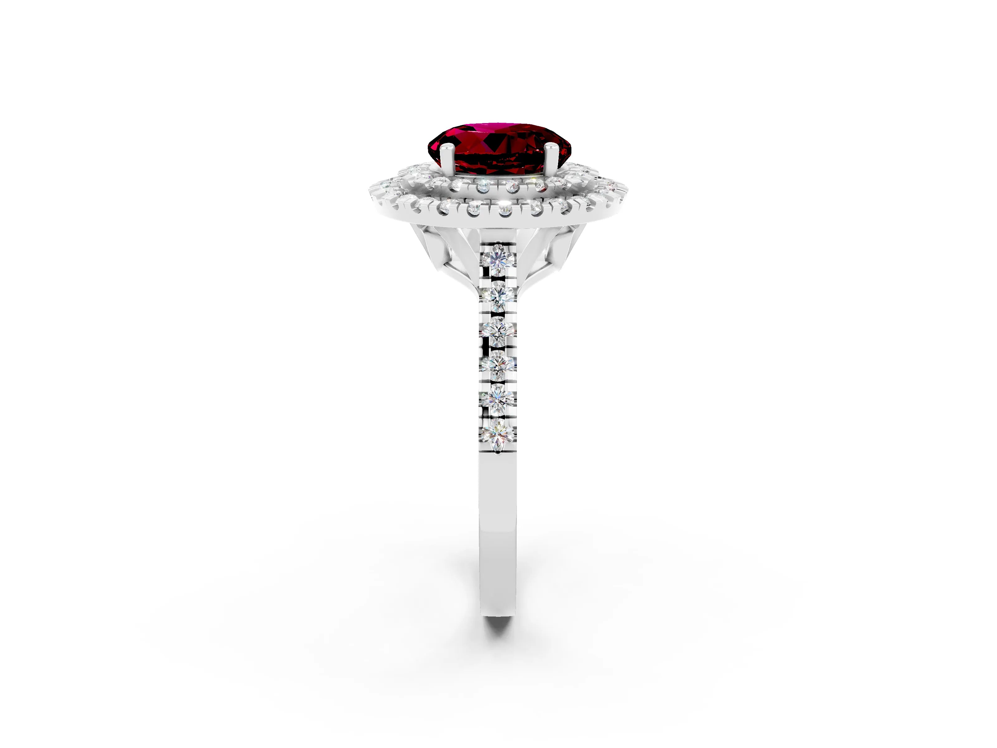 White gold Double Halo Round Cut Garnet Pavé Band with Four-Prong Setting_2