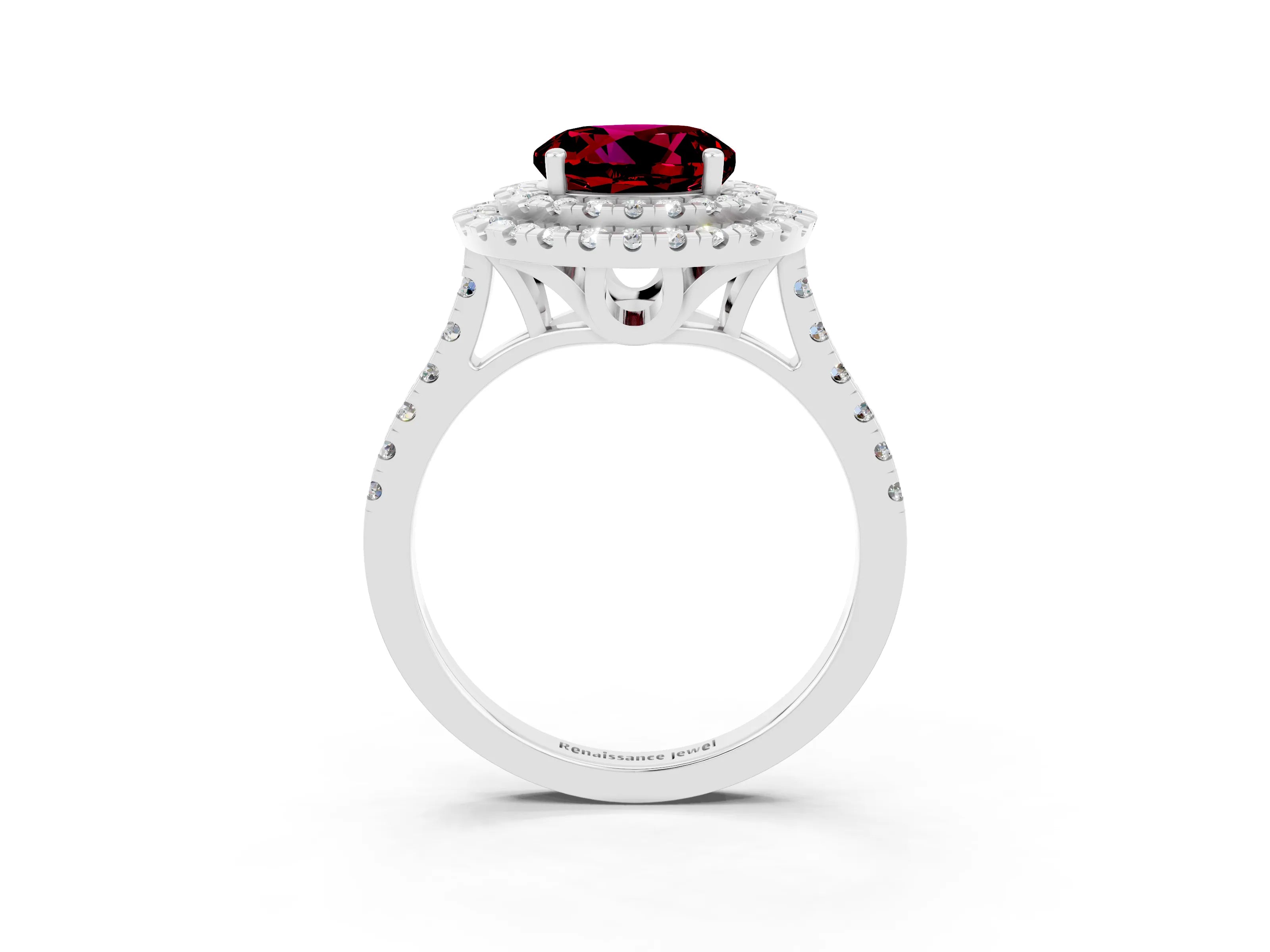 White gold Double Halo Round Cut Garnet Pavé Band with Four-Prong Setting_3
