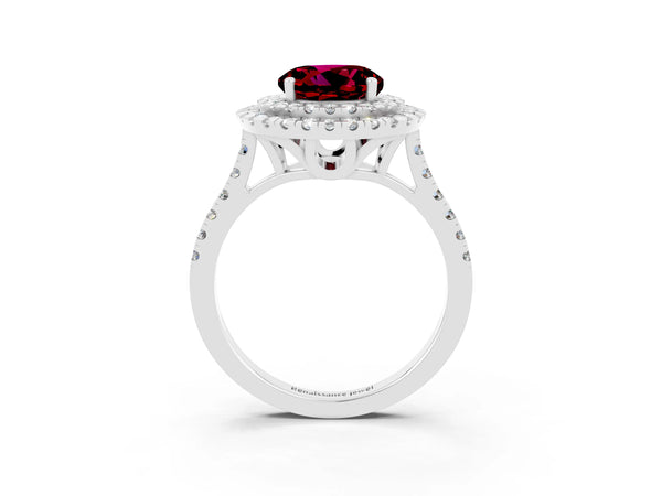 Silver Double Halo Round Cut Garnet Pavé Band with Four-Prong Setting