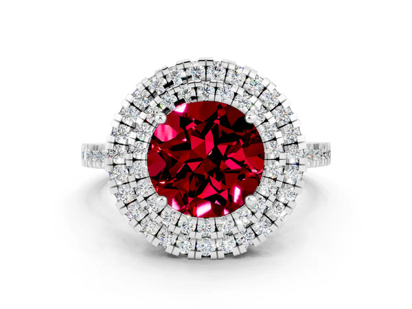 Silver Double Halo Round Cut Garnet Pavé Band with Four-Prong Setting