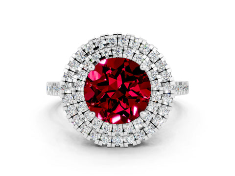 White gold Double Halo Round Cut Garnet Pavé Band with Four-Prong Setting