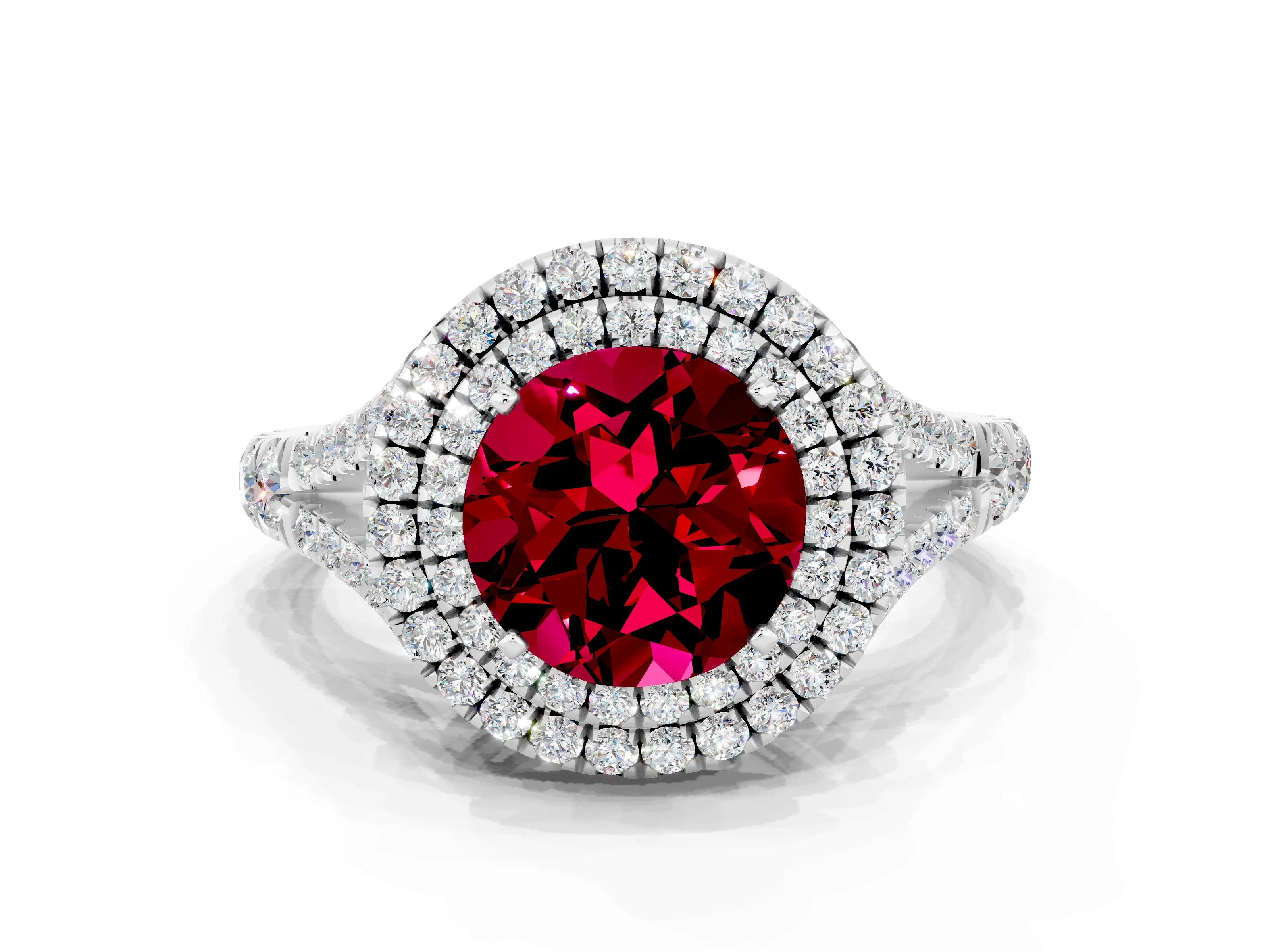 White gold Double Halo Round Cut Garnet Pavé Split Shank Ring with Prong Setting