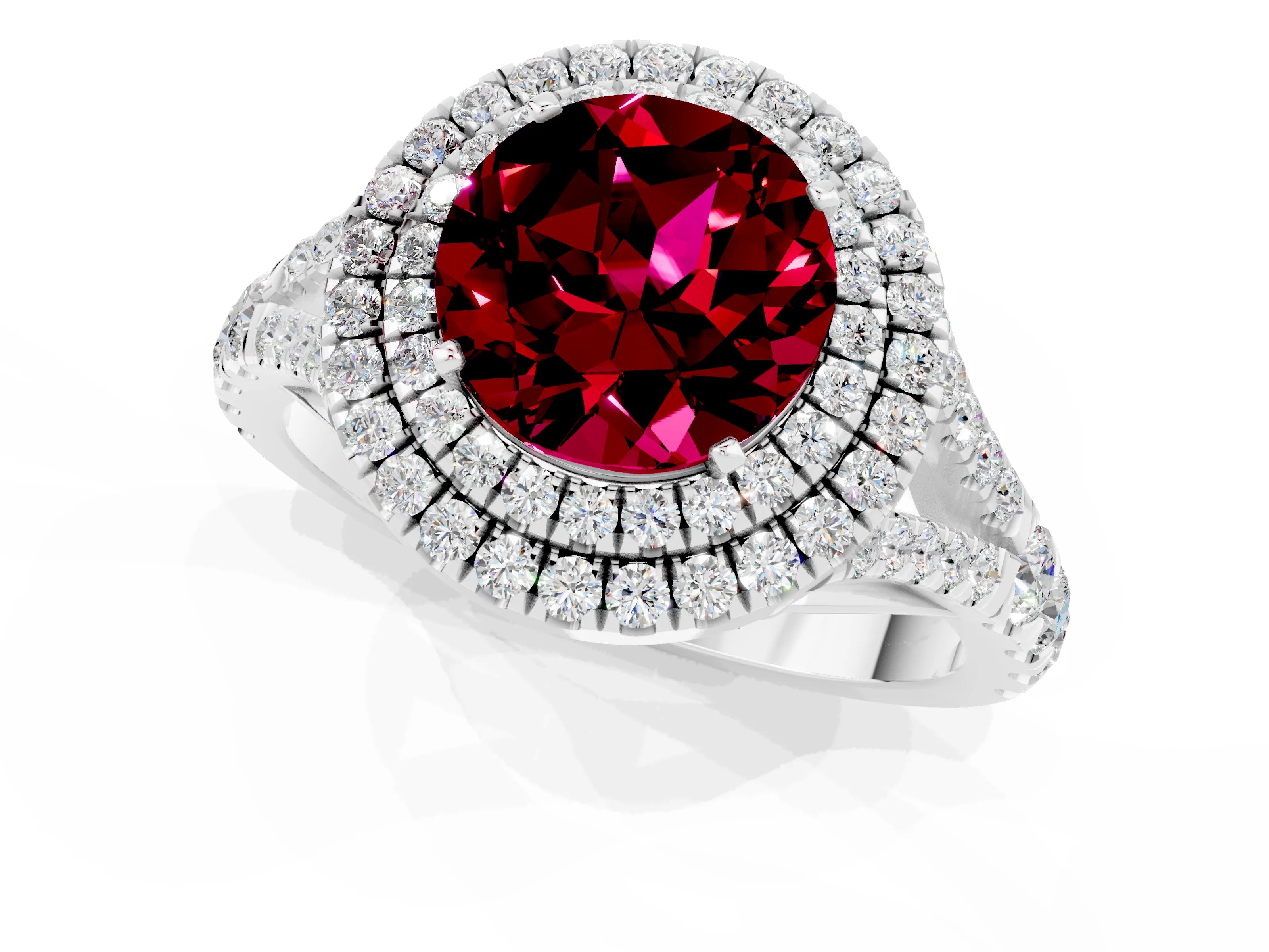 White gold Double Halo Round Cut Garnet Pavé Split Shank Ring with Prong Setting_1