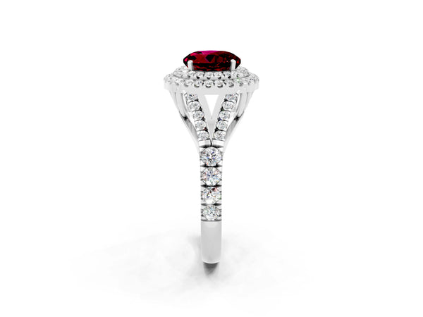 Platinum Double Halo Round Cut Garnet Pavé Split Shank Ring with Prong Setting