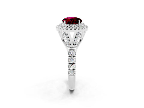 White gold Double Halo Round Cut Garnet Pavé Split Shank Ring with Prong Setting_2