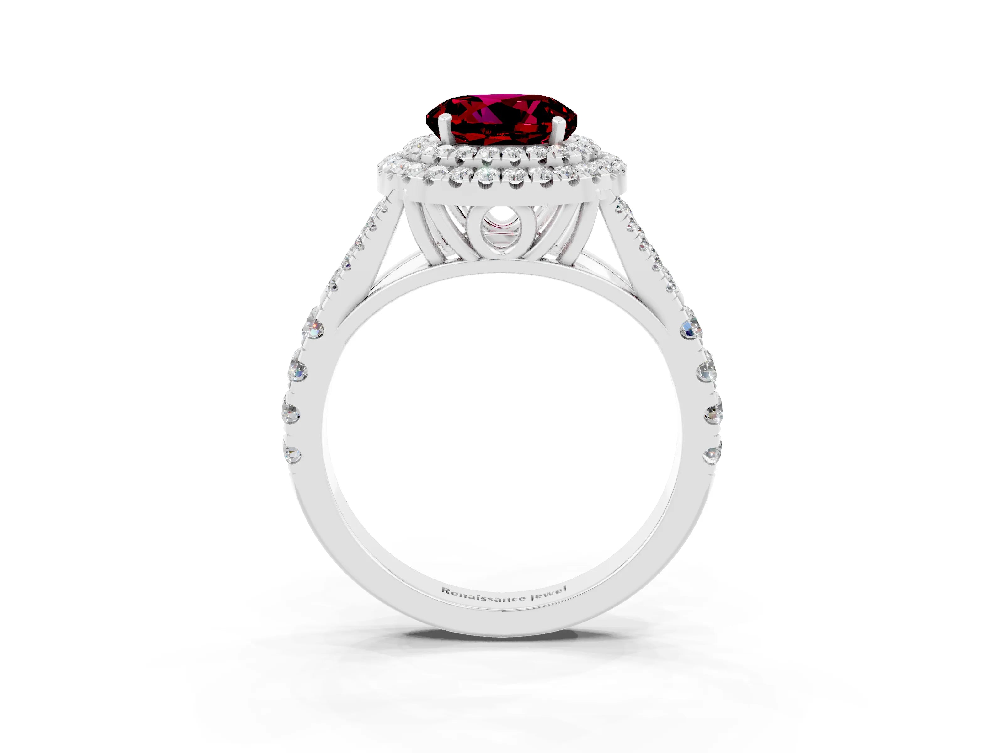 White gold Double Halo Round Cut Garnet Pavé Split Shank Ring with Prong Setting_3