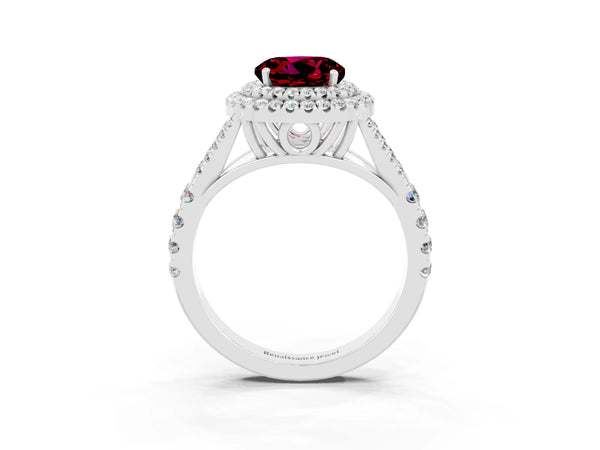White gold Double Halo Round Cut Garnet Pavé Split Shank Ring with Prong Setting
