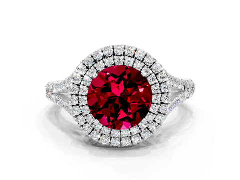White gold Double Halo Round Cut Garnet Pavé Split Shank Ring with Prong Setting