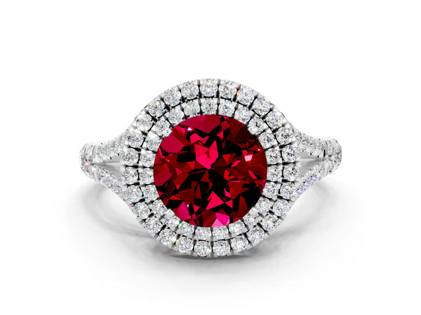 Platinum Double Halo Round Cut Garnet Split Shank Engagement Ring with Four-Prong Setting