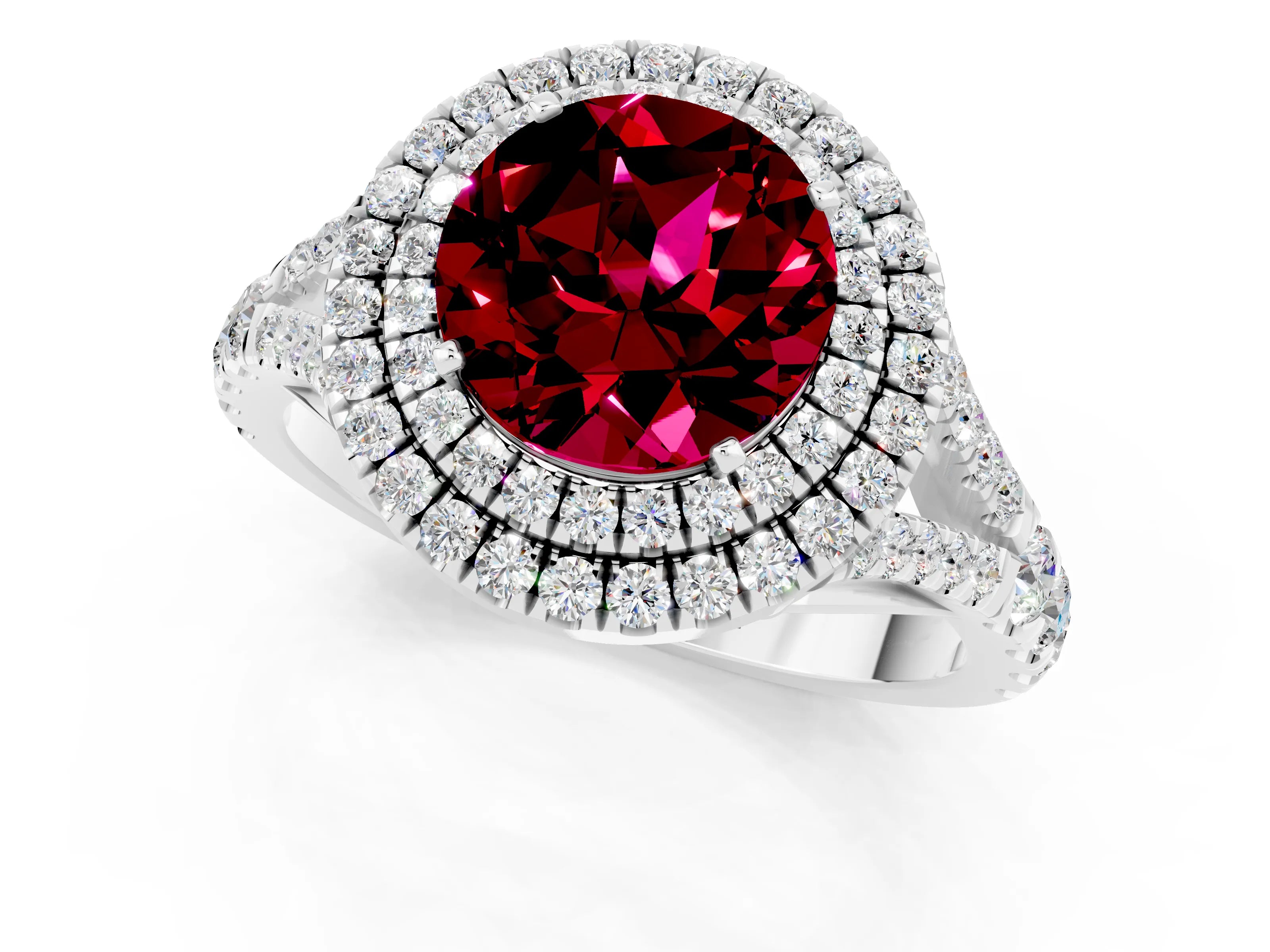 White gold Double Halo Round Cut Garnet Split Shank Engagement Ring with Four-Prong Setting_1