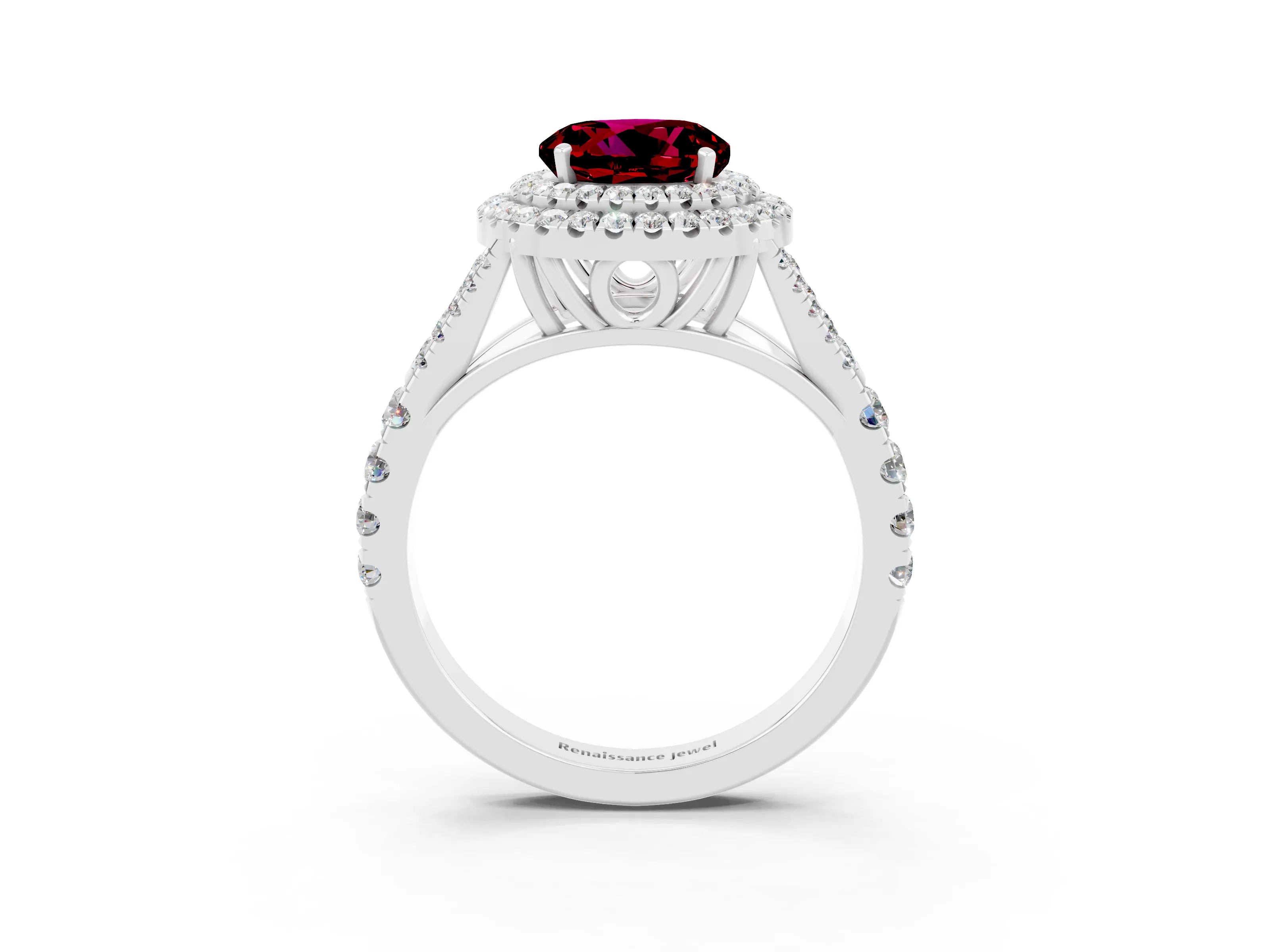 White gold Double Halo Round Cut Garnet Split Shank Engagement Ring with Four-Prong Setting_3