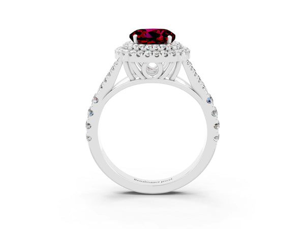 White gold Double Halo Round Cut Garnet Split Shank Engagement Ring with Four-Prong Setting