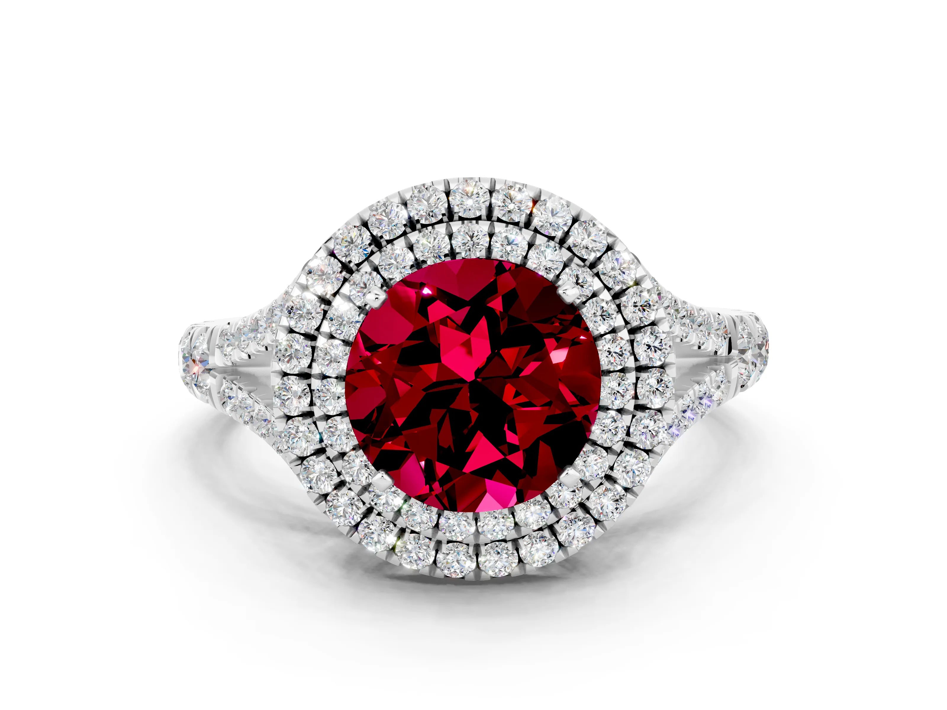 White gold Double Halo Round Cut Garnet Split Shank Engagement Ring with Four-Prong Setting