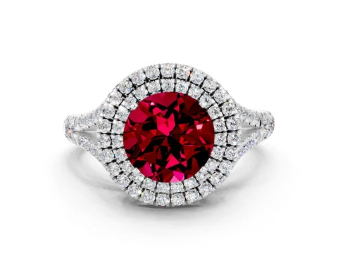 White gold Double Halo Round Cut Garnet Split Shank Engagement Ring with Four-Prong Setting