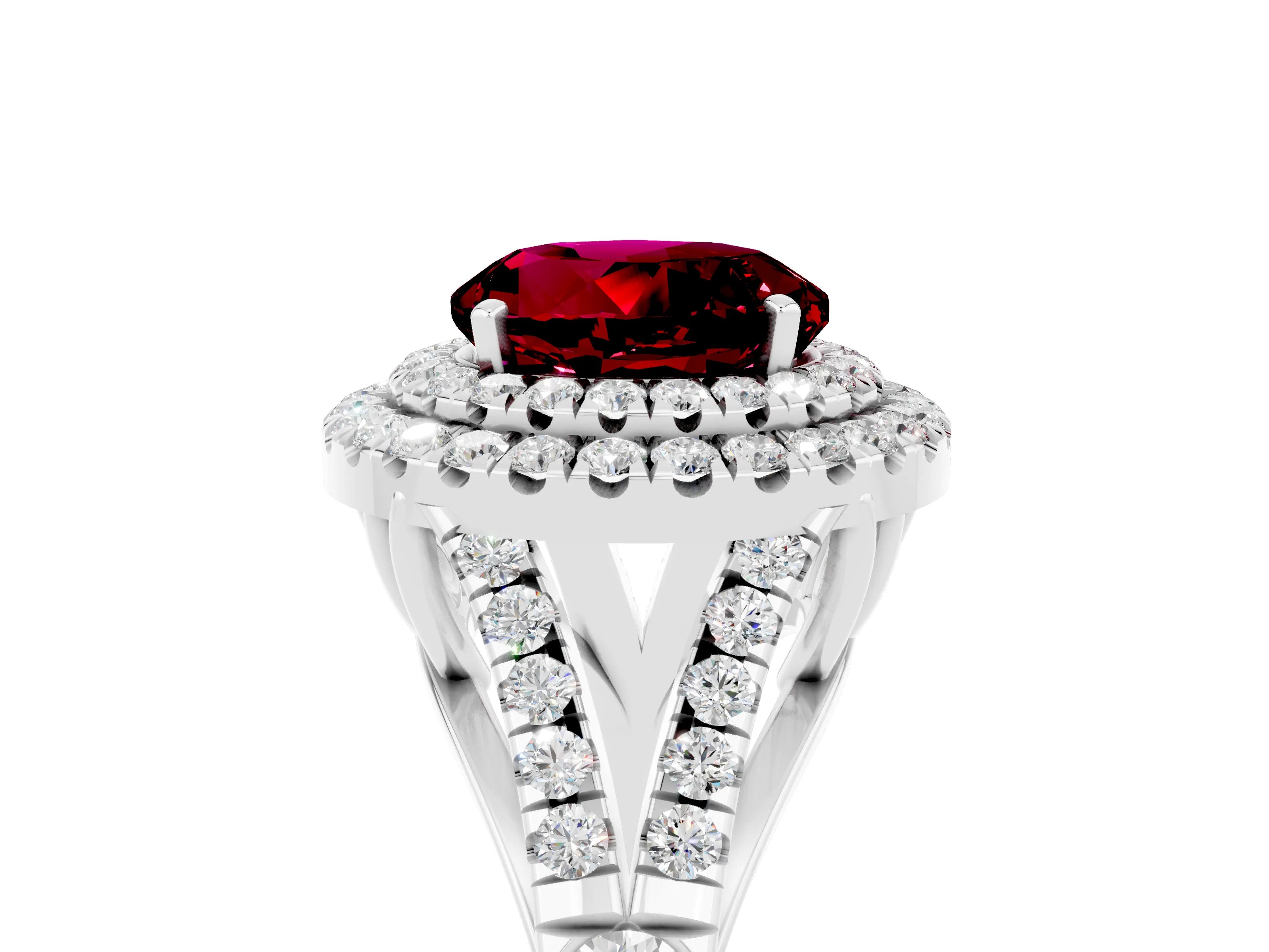White gold Double Halo Round Cut Garnet Split Shank Engagement Ring with Four-Prong Setting_5