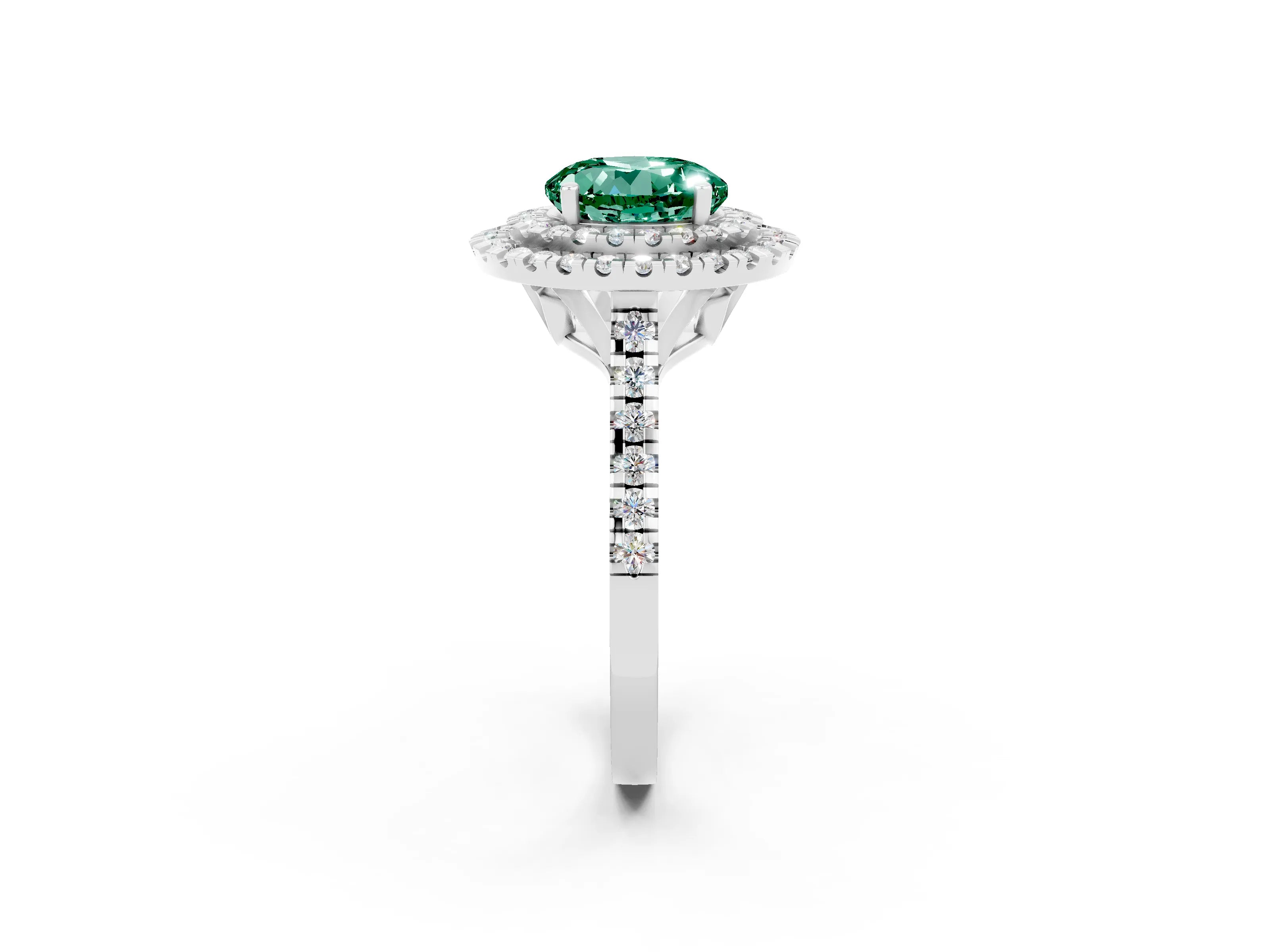 White gold Double Halo Round Cut Green Sapphire Pavé Band with Four-Prong Setting_2