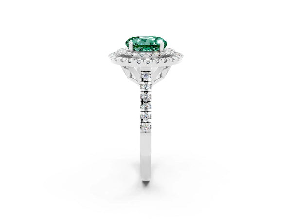 Platinum Double Halo Round Cut Green Sapphire Pavé Band with Four-Prong Setting