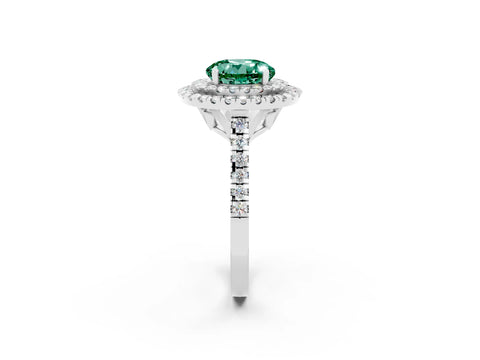White gold Double Halo Round Cut Green Sapphire Pavé Band with Four-Prong Setting_2