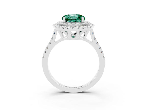 White gold Double Halo Round Cut Green Sapphire Pavé Band with Four-Prong Setting
