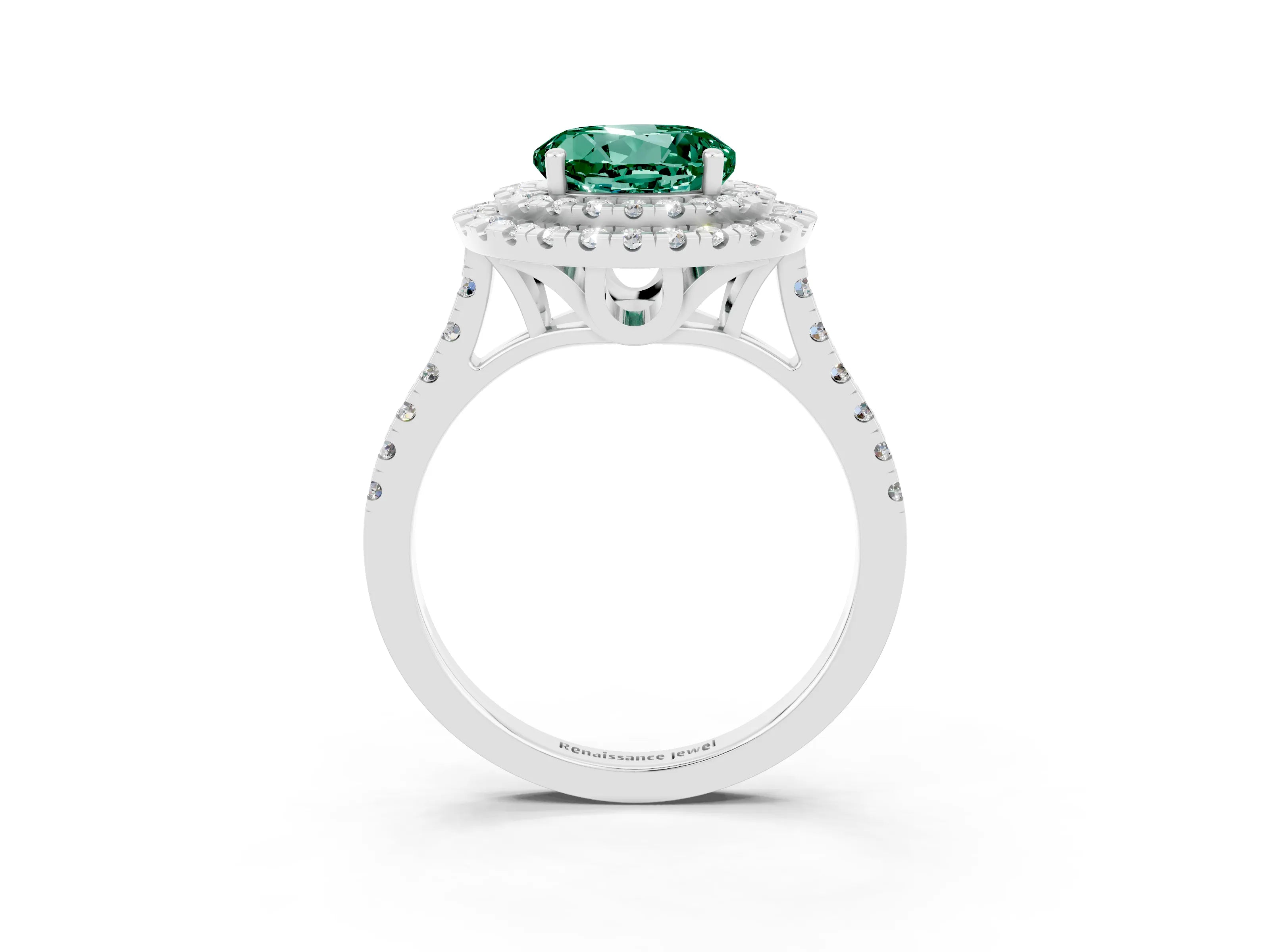 White gold Double Halo Round Cut Green Sapphire Pavé Band with Four-Prong Setting_3