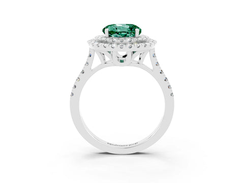 White gold Double Halo Round Cut Green Sapphire Pavé Band with Four-Prong Setting_3