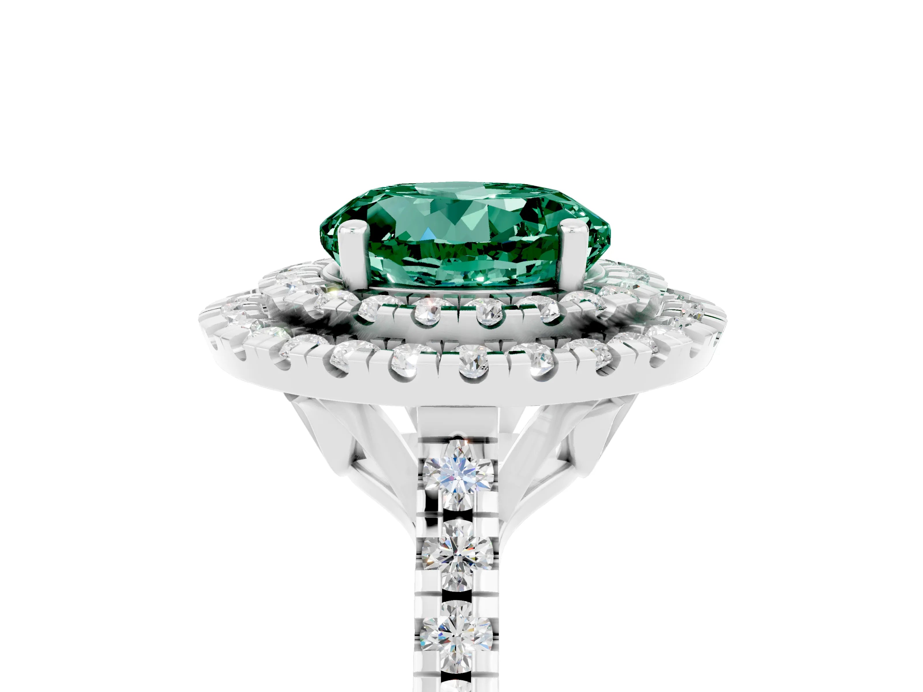 White gold Double Halo Round Cut Green Sapphire Pavé Band with Four-Prong Setting_5