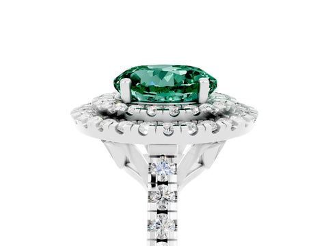White gold Double Halo Round Cut Green Sapphire Pavé Band with Four-Prong Setting_5
