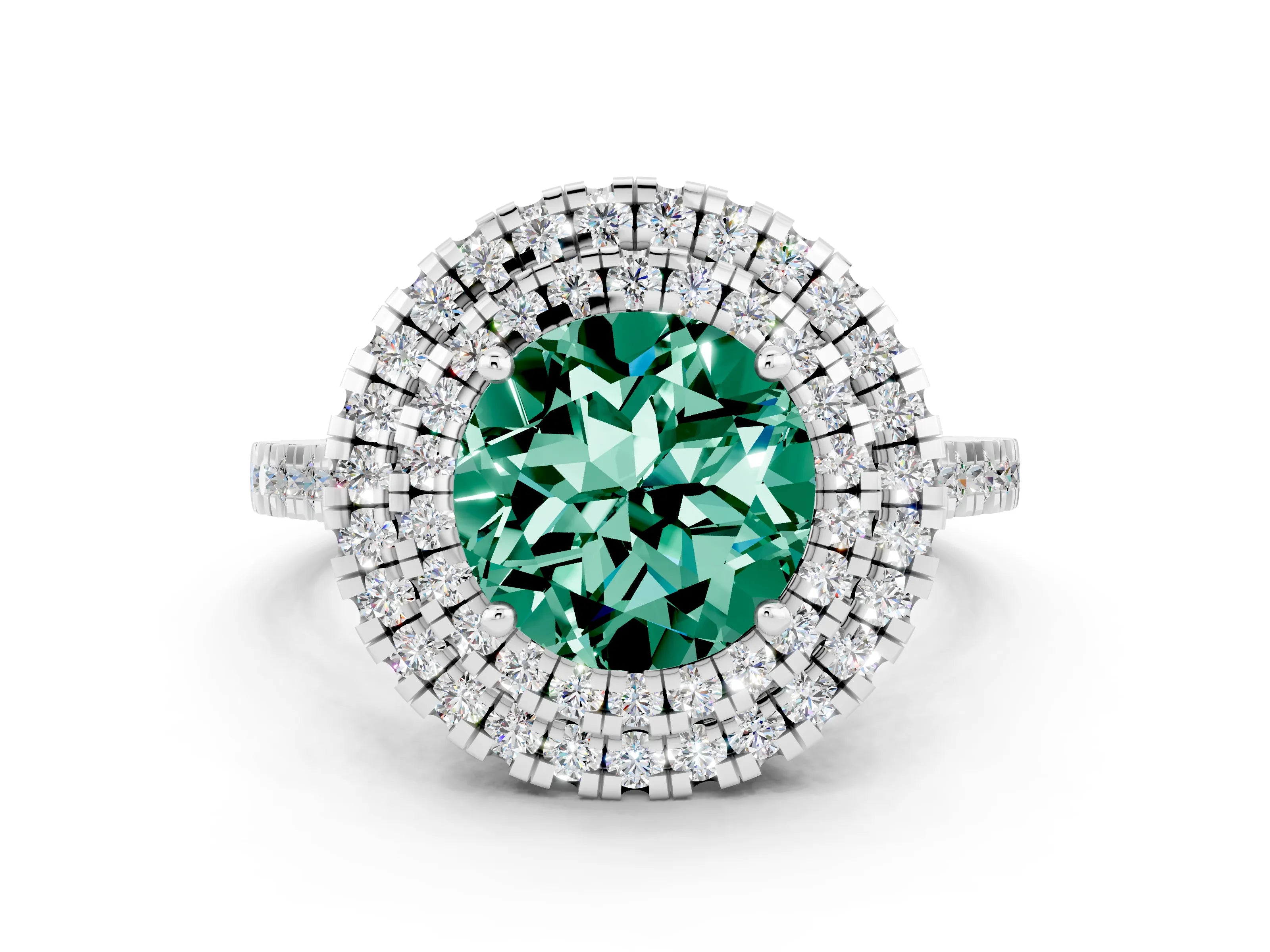 White gold Double Halo Round Cut Green Sapphire Pavé Band with Four-Prong Setting