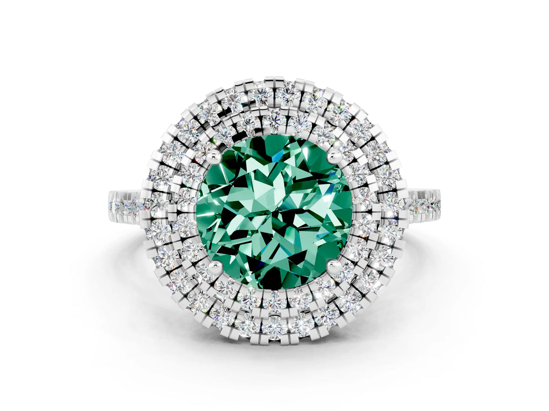 White gold Double Halo Round Cut Green Sapphire Pavé Band with Four-Prong Setting