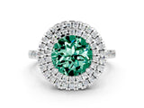 White gold Double Halo Round Cut Green Sapphire Pavé Band with Four-Prong Setting